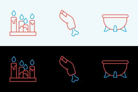 Set line Halloween witch cauldron, Burning candle and Zombie finger icon. V.. Stock-Illustration