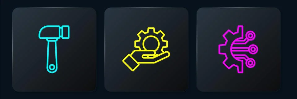 Set line Hammer, Algorithm and Settings in the hand. Black square button. Vector Illustrazione stock