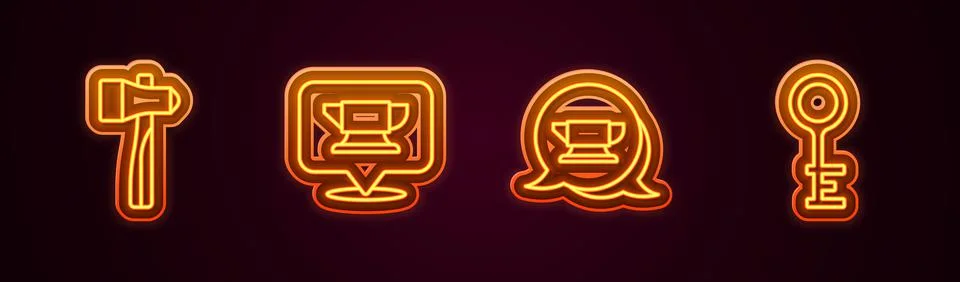 Set line Hammer, Blacksmith anvil tool, and Old key. Glowing neon icon. Vector Illustrazione stock