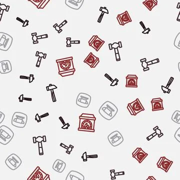 Set line Hammer, Blacksmith anvil tool and oven on seamless pattern. Vector Ilustración de archivo