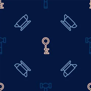 Set line Hammer, Blacksmith anvil tool and Old key on seamless pattern. Vecto Illustrazione stock