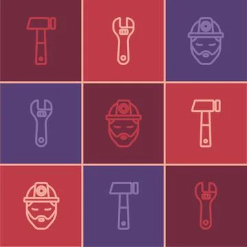 Set line Hammer, Builder and Adjustable wrench icon. Vector Stock Illustration
