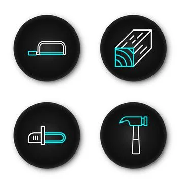 Set line Hammer, Chainsaw, Two-handed and Hacksaw icon. Vector Stock Illustration