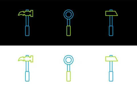 Set line Hammer, Claw hammer and Wrench spanner icon. Vector Stock Illustration