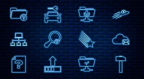 Set line Hammer, Cloud mail server, FTP folder download, Search location Stock Illustration