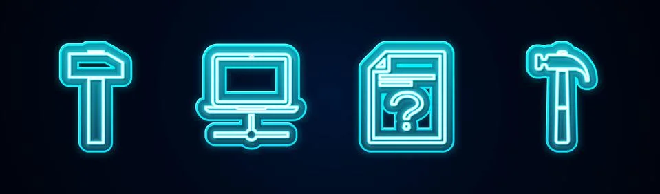 Set line Hammer, Computer network, Unknown document and . Glowing neon icon Illustrazione stock