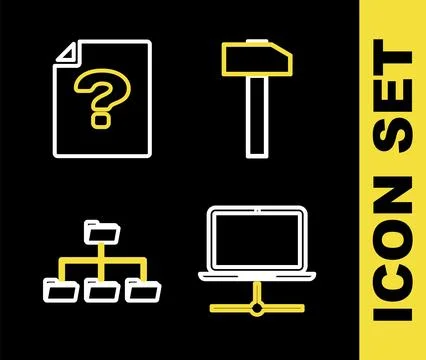 Set line Hammer, Computer network, Folder tree and Unknown document icon. V.. Stock Illustration