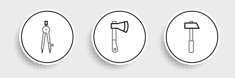 Set line Hammer, Drawing compass and Wooden axe icon. Vector Illustration