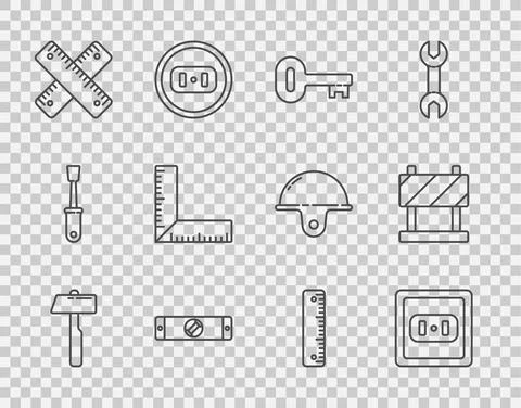 Set line Hammer, Electrical outlet, Old key, Construction bubble level, Crossed 스톡 일러스트