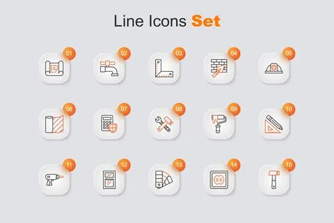 Set line Hammer, Electrical outlet, Color palette guide, and wrench spanner.. Stock Illustration
