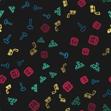 Set line Hammer, Folder tree, and Police badge on seamless pattern. Vector 库存插图
