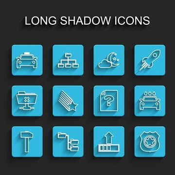 Set line Hammer, Folder tree, Taxi car, Loading, Police badge, Falling star, Car Stock Illustration
