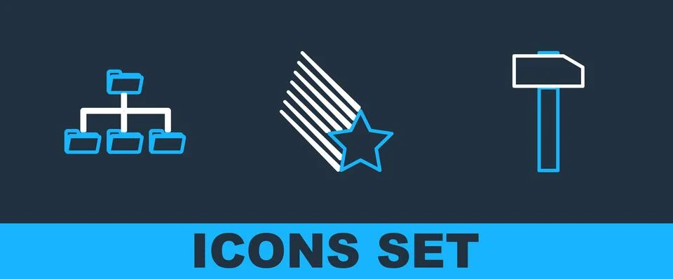 Set line Hammer, Folder tree and Falling star icon. Vector Stock Illustration