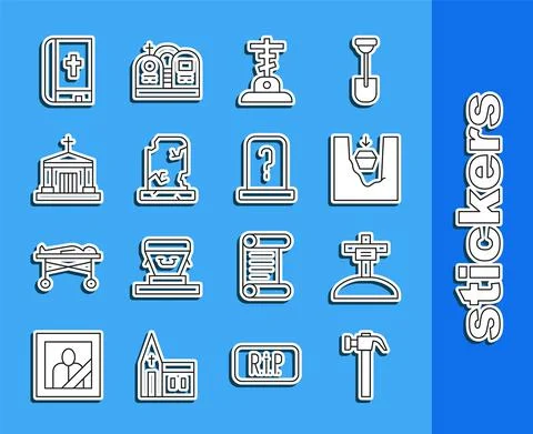 Set line Hammer, Grave with cross, Coffin in grave, Old tombstone, crypt, Holy Ilustración de archivo
