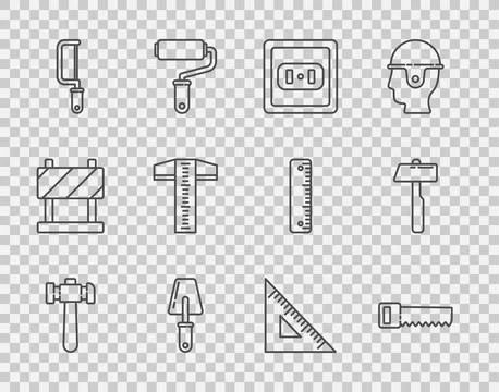 Set line Hammer, Hand saw, Electrical outlet, Trowel, Hacksaw, T-square lin.. Stock Illustration