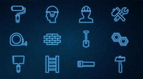 Set line Hammer, Hexagonal metal nut, Worker safety helmet, Bricks, Roulette Stock Illustration