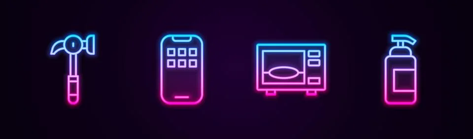 Set line Hammer, Mobile Apps, Microwave oven and Antibacterial soap. Glowin.. Stock Illustration