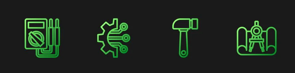 Set line Hammer, Multimeter, Algorithm and Graphing paper and compass. Gradient Stock Illustration