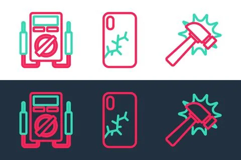 Set line Hammer, Multimeter and Mobile with broken screen icon. Vector Stock Illustration