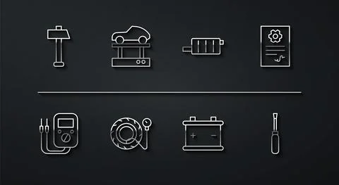 Set line Hammer, Multimeter, Auto service check automotive, Car battery, Tire Stock Illustration