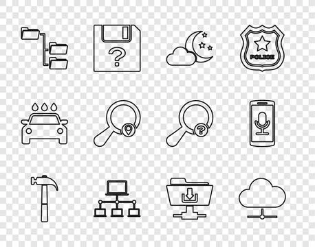 Set line Hammer, Network cloud connection, Cloud with moon and stars, Computer Illustrazione stock