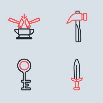 Set line Hammer, Old key, Medieval sword and Anvil and hammer icon. Vector Stock Illustration