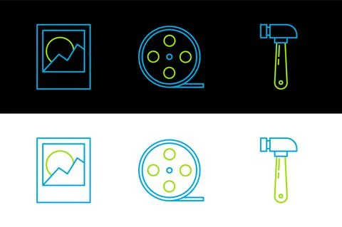Set line Hammer, Photo frames and Film reel icon. Vector 스톡 일러스트