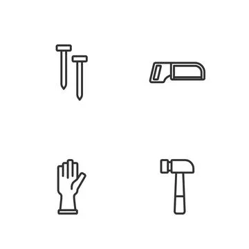 Set line Hammer, Protective gloves, Metallic nails and Hacksaw icon. Vector Stock Illustration