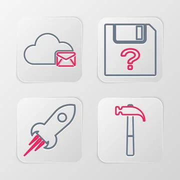 Set line Hammer, Rocket ship with fire, Unknown document and Cloud mail ser.. Illustrazione stock