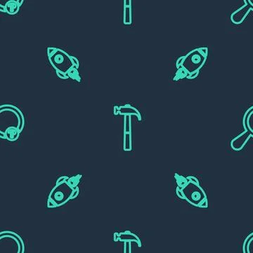 Set line Hammer, Rocket ship with fire and Unknown search on seamless pattern Stock Illustration