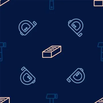 Set line Hammer, Roulette construction and Brick on seamless pattern. Vector Stock Illustration