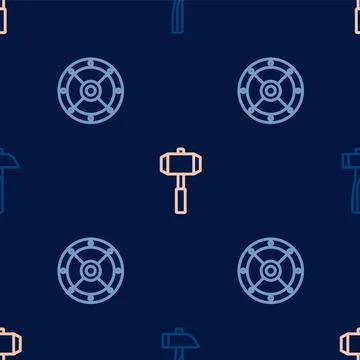 Set line Hammer, Round shield and Sledgehammer on seamless pattern. Vector Illustrazione stock
