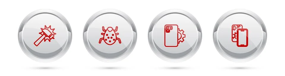 Set line Hammer, System bug, Phone repair service and Mobile with broken screen Illustrazione stock