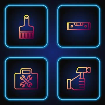 Set line Hammer, Toolbox, Paint brush and Construction bubble level. Gradient Illustrazione stock