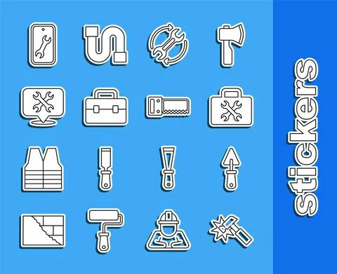 Set line Hammer, Trowel, Toolbox, Wrench and arrows as workflow, Location with イラスト素材