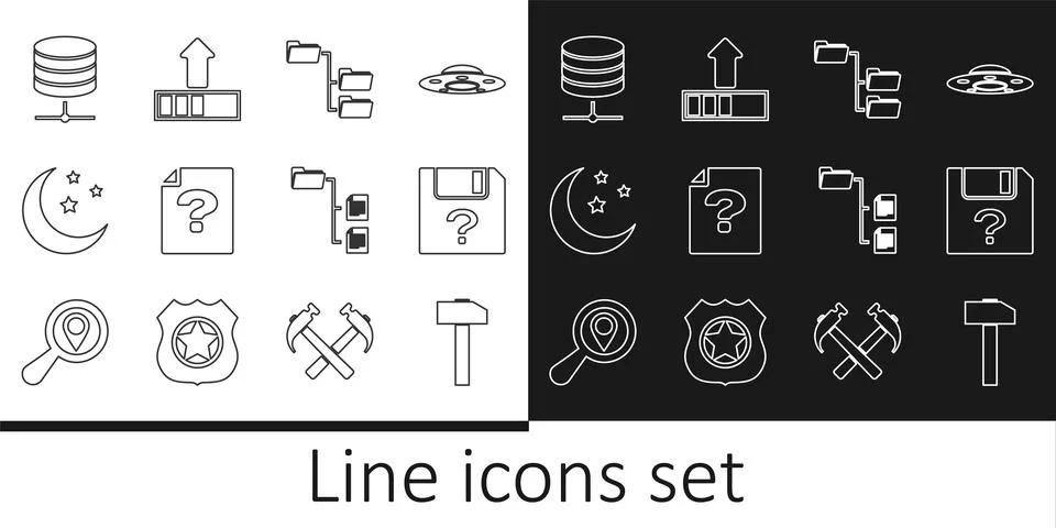 Set line Hammer, Unknown document, Folder tree, Moon and stars, Server, Data Stock Illustration