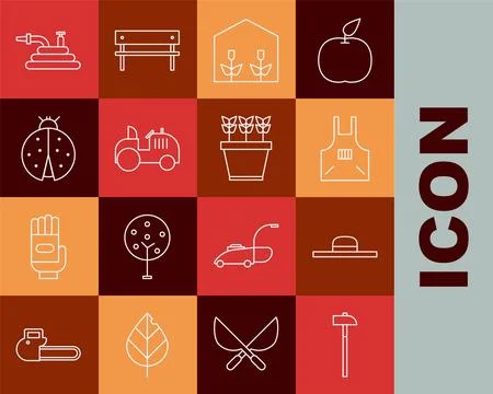 Set line Hammer, Worker hat, Kitchen apron, Home greenhouse and plants, Tra.. Stock Illustration