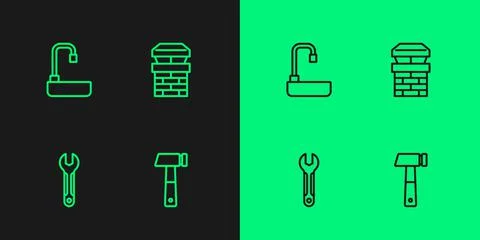 Set line Hammer, Wrench spanner, Washbasin and Chimney icon. Vector Stock Illustration