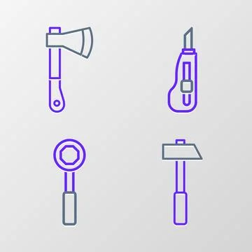 Set line Hammer, Wrench spanner, Stationery knife and Wooden axe icon. Vector 스톡 일러스트
