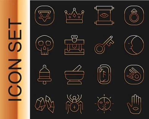 Set line Hamsa hand, Comet falling down fast, Moon, Ancient magic scroll, Bottle Stock Illustration