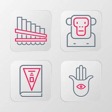 Set line Hamsa hand, India constitution day, Monkey and Pan flute icon. Vector Stock Illustration