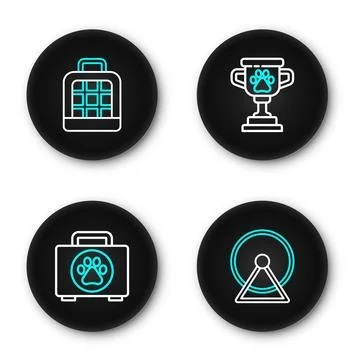 Set line Hamster wheel, Pet first aid kit, award and carry case icon. Vector Stock Illustration