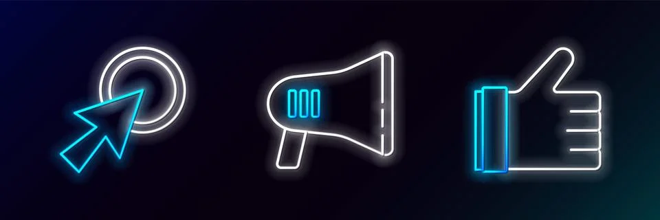 Set line Hand like, Arrow cursor and Megaphone icon. Glowing neon. Vector Illustrazione stock