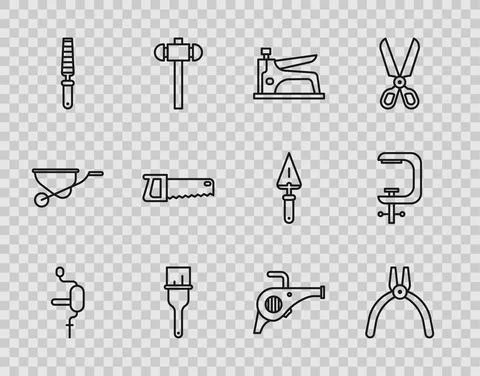 Set line Hand drill, Pliers tool, Construction stapler, Paint brush, Chisel for Stock Illustration