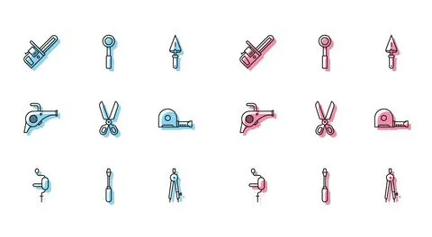 Set line Hand drill, Screwdriver, Chainsaw, Drawing compass, Scissors, Roulette Illustration