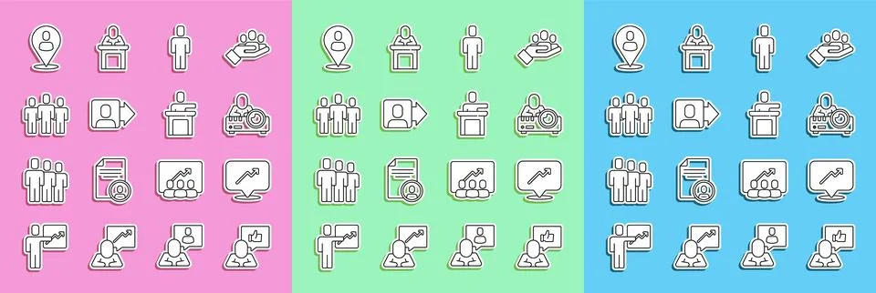Set line Hand like Graph schedule chart Media projector Head hunting Team lea Stock Illustration