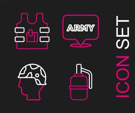 Set line Hand grenade, Army soldier, Military army and Bulletproof vest icon Ilustración de archivo