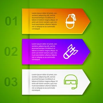 Set line Hand grenade, Aviation bomb, Military helmet and Parachute. Business Illustrazione stock