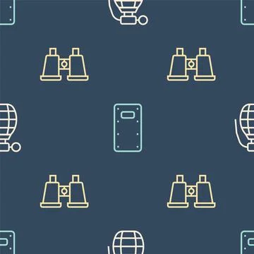 Set line Hand grenade, Binoculars and Military assault shield on seamless Stockillustratie