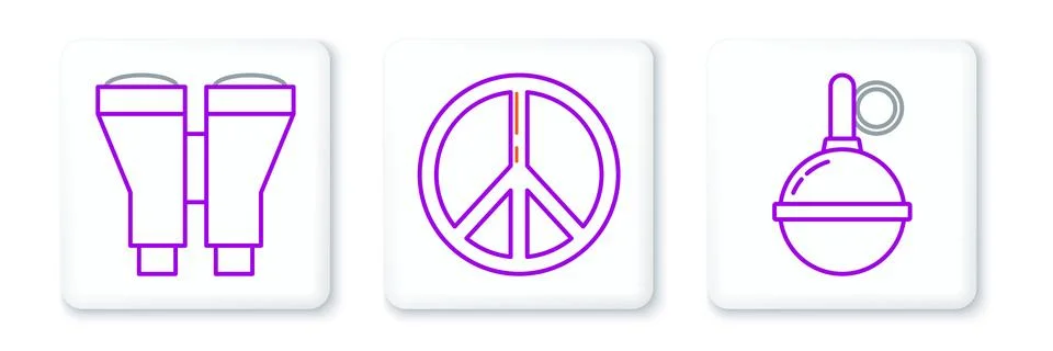Set line Hand grenade, Binoculars and Peace icon. Vector Illustrazione stock